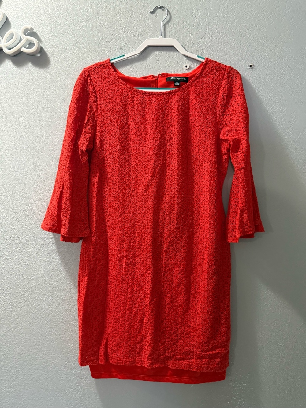 Sharagano Red Lace Bell-Sleeve Dress